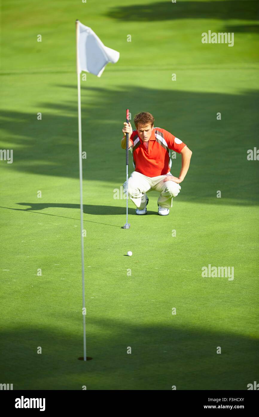 front-view-of-golfer-crouching-down-in-front-of-golf-flag-considering-F3HCXY.jpg